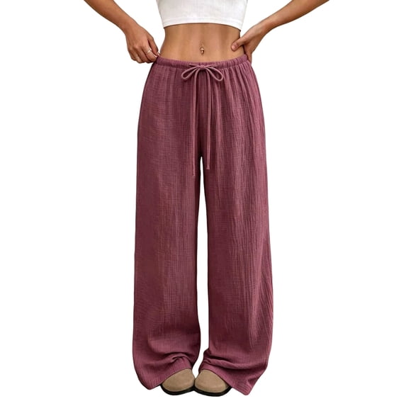 Women'S Solid Elastic Drawstring Waist Wide Leg Straight Casual Pants Wine Red XXL