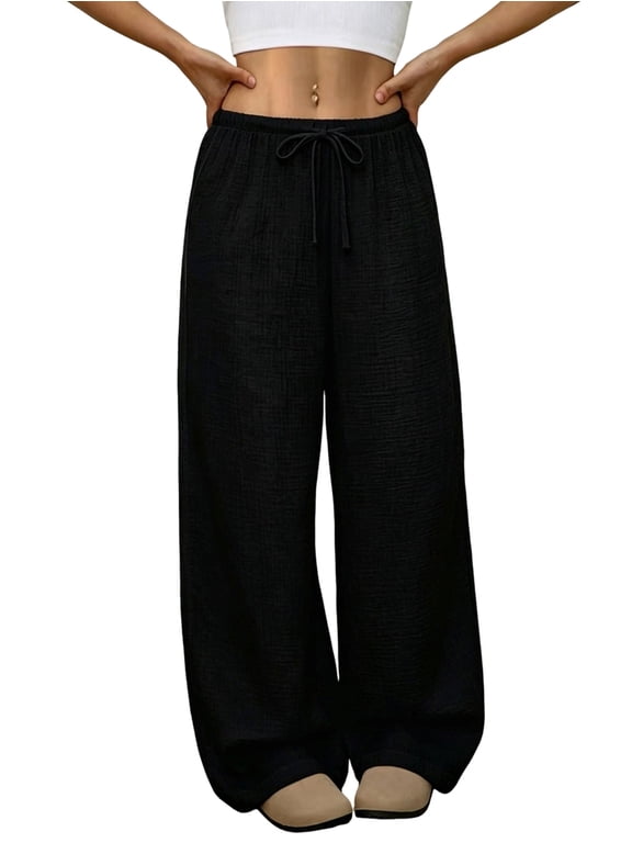 Women'S Solid Elastic Drawstring Waist Wide Leg Straight Casual Pants