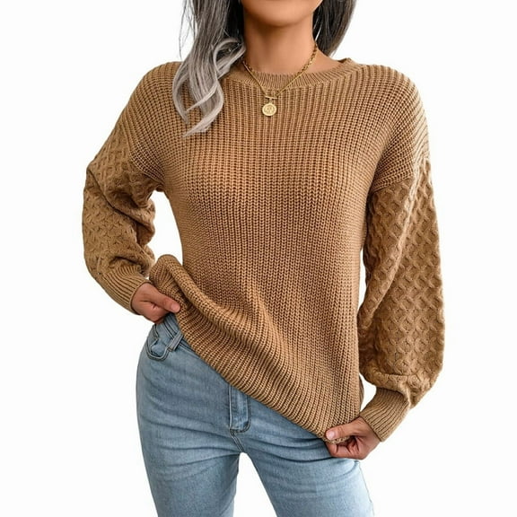 Women'S Solid Knit Cable Sweater Casual Long Lantern Sleeve Pullover Crew Neck Knitted Tops Khaki L
