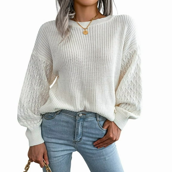 Women'S Solid Knit Cable Sweater Casual Long Lantern Sleeve Pullover Crew Neck Knitted Tops White S