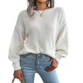 thumbnail image 1 of Women'S Solid Knit Cable Sweater Casual Long Lantern Sleeve Pullover Crew Neck Knitted Tops White S, 1 of 8