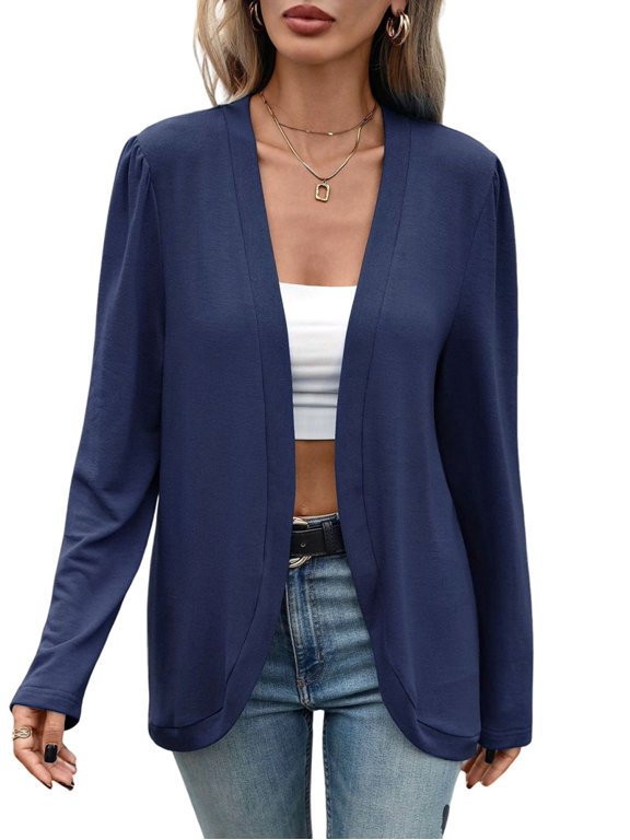 Women'S Solid Knit Cardigan Open Front Coat Puff Long-Sleeve Loose Top Navy Blue XL