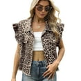 thumbnail image 1 of Women'S Solid & Leopard Print Button Down Wood Cuff Denim Vest Casual Chic Flap Pockets Decor Outerwear XL, 1 of 9
