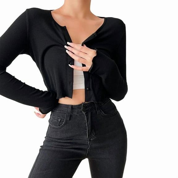 Women'S Solid Lettuce Trim Button Front Crop Casual Slim Long Sleeve Round Neck Knitwear Tops Black M