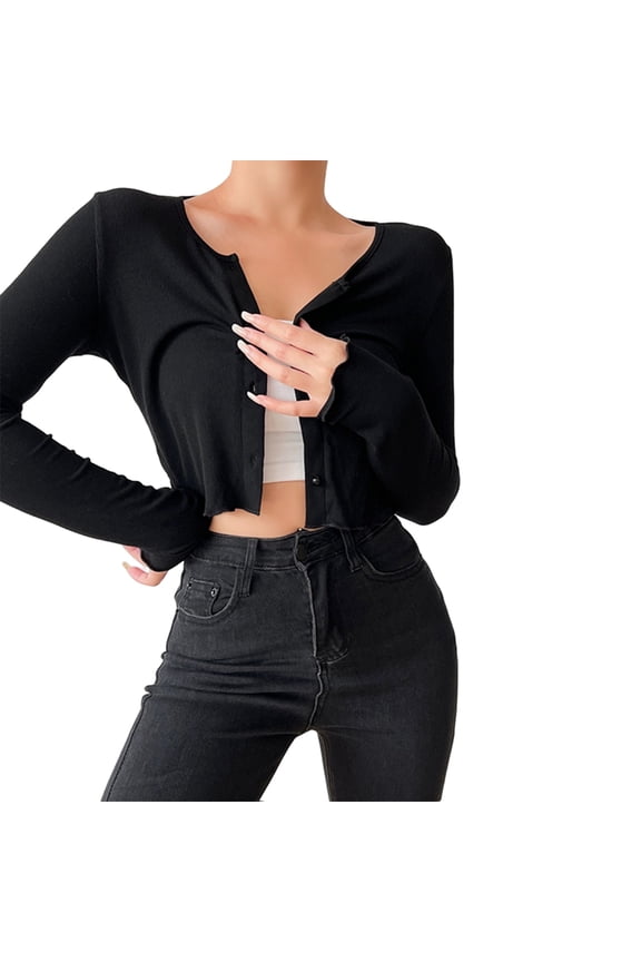 Women'S Solid Lettuce Trim Button Front Crop Casual Slim Long Sleeve Round Neck Knitwear Tops Black XL