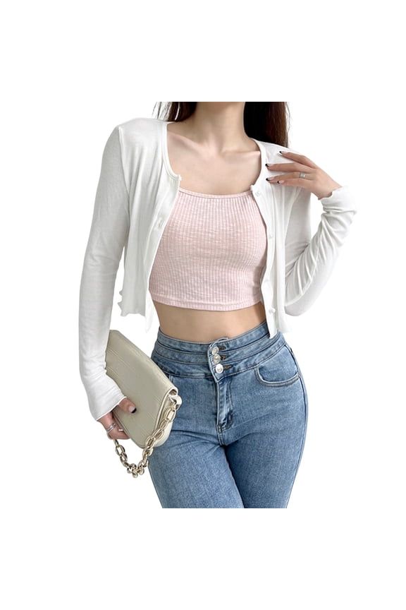 Women'S Solid Lettuce Trim Button Front Crop Casual Slim Long Sleeve Round Neck Knitwear Tops White L