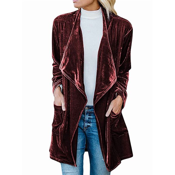 Women'S Solid Long Sleeve Velvet Jacket Open Front Cardigan Coat with Pockets Outerwear Wine Red L