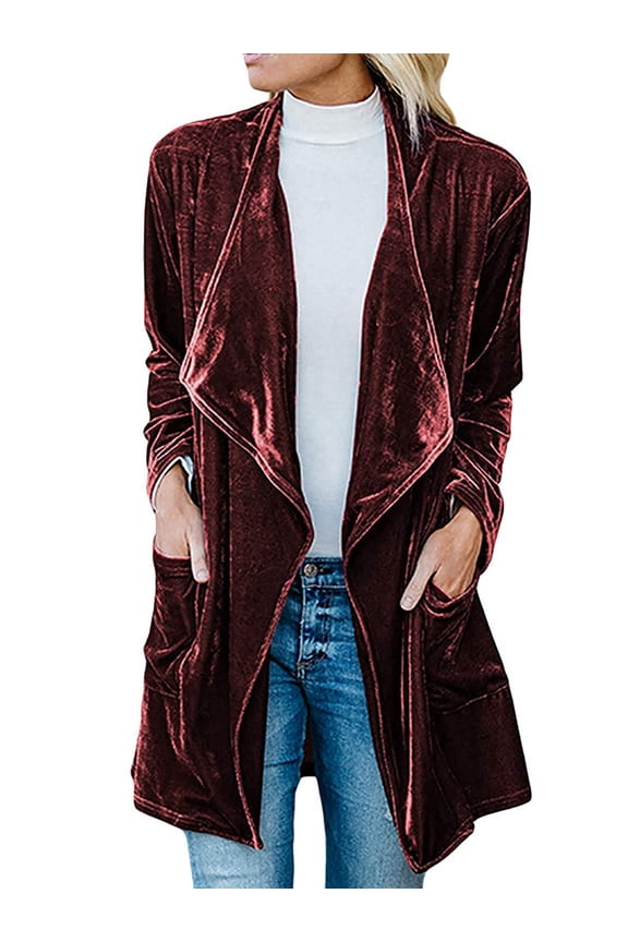 Women'S Solid Long Sleeve Velvet Jacket Open Front Cardigan Coat with Pockets Outerwear Wine Red XL