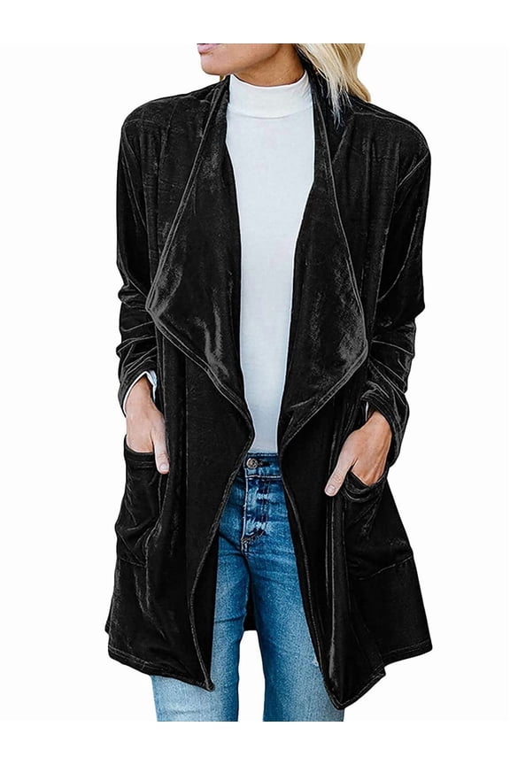Women'S Solid Long Sleeve Velvet Jacket Open Front Cardigan Coat with Pockets Outerwear
