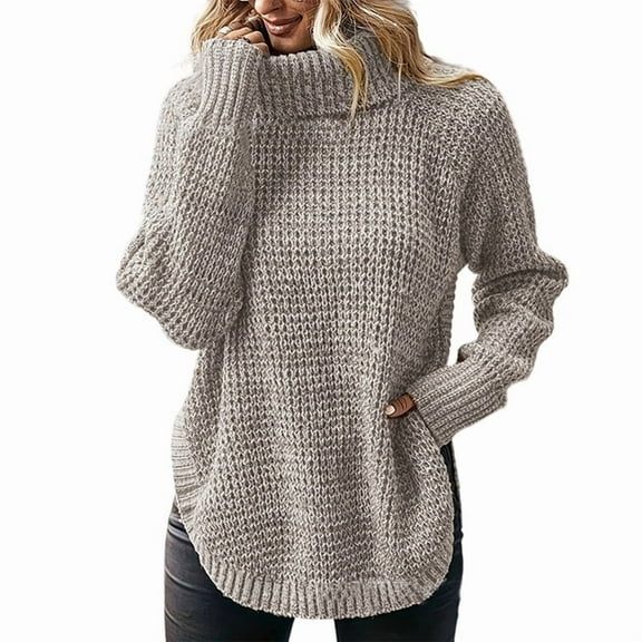 Women'S Solid Pullover Sweaters Long Sleeve Side Split Chunky Cable Knit Fall Casual Trendy Tops Khaki L