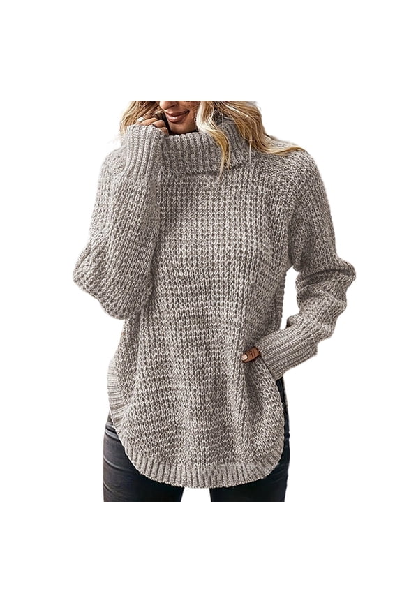 Women'S Solid Pullover Sweaters Long Sleeve Side Split Chunky Cable Knit Fall Casual Trendy Tops Khaki M