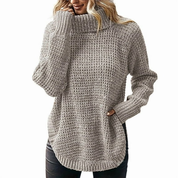 Women'S Solid Pullover Sweaters Long Sleeve Side Split Chunky Cable Knit Fall Casual Trendy Tops Khaki S