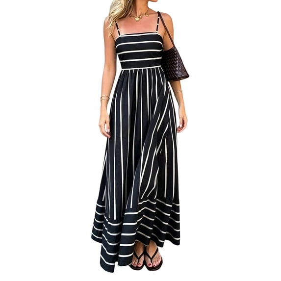 Women'S Spaghetti Strap All over Striped High Waist Flowy A-Line Maxi Casual Dress Black XL