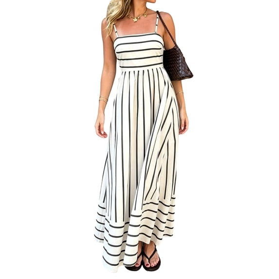 Women'S Spaghetti Strap All over Striped High Waist Flowy A-Line Maxi Casual Dress White L