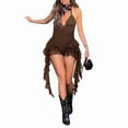 thumbnail image 1 of Women'S Spaghetti Strap Bodysuit Lace-Up V-Neck Halter Top Ruffle Shorts Jumpsuit Club Party Bodysuit Brown L, 1 of 4