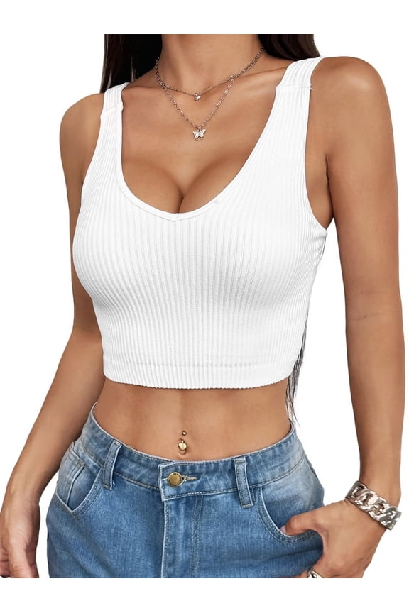 Women'S Spaghetti Strap Knit Crop - Top Striped Sleeveless Camisole Tops White M