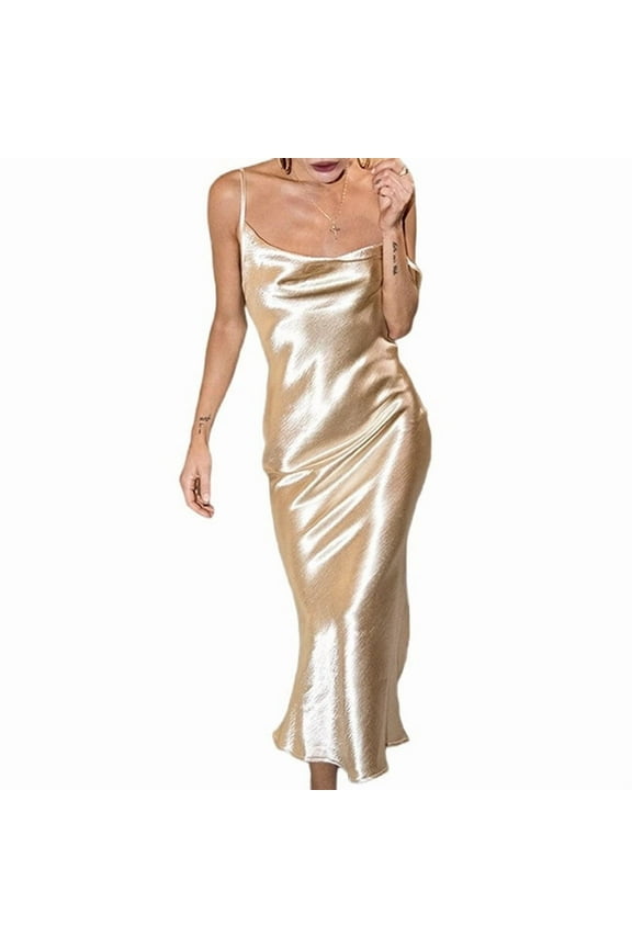 Women'S Spaghetti Strap Midi Satin Silk Dresses Slip Cowl Neck Party Cocktail Evening Dress Gold L