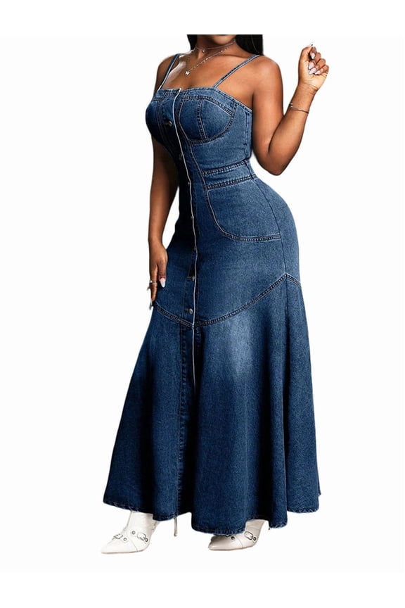 Women'S Spaghetti Strap Smocked Back Denim Dress Button Down A-Line Swing Flowy Maxi Jean Dress S