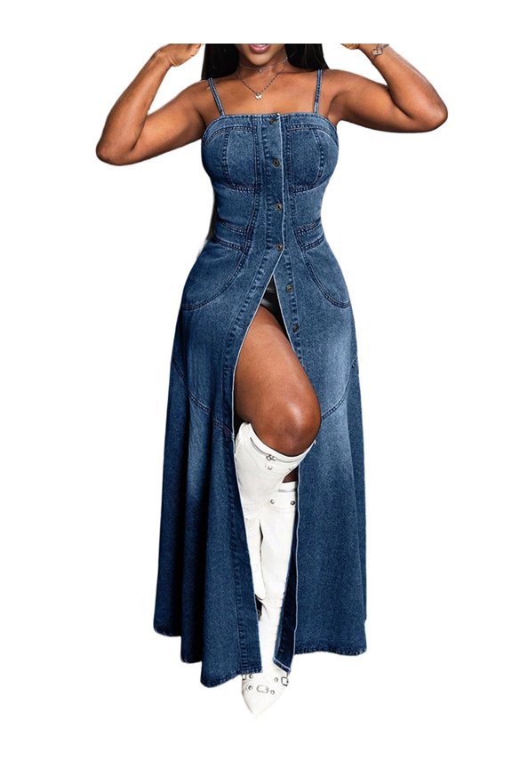 Women'S Spaghetti Strap Smocked Back Denim Dress Button Down A-Line Swing Flowy Maxi Jean Dress XL