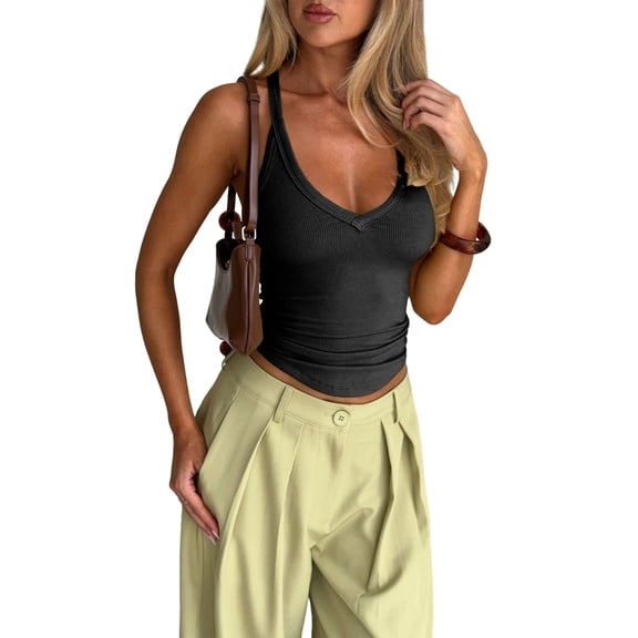 Women'S Spaghetti Strap V-Neck Ribbed Tank Tops for Women Slim Fitted Camisole Basic Shirts Black L