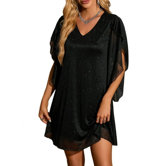 Women'S Sparkly Dress Bat Sleeves Cocktail Dress Glitter Club Dress Black S