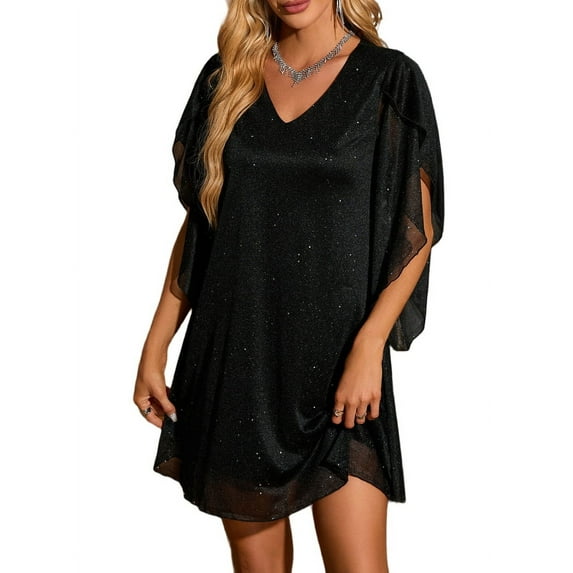 Women'S Sparkly Dress Bat Sleeves Cocktail Dress Glitter Club Dress Black S