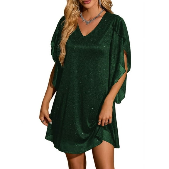 Women'S Sparkly Dress Bat Sleeves Cocktail Dress Glitter Club Dress Green S