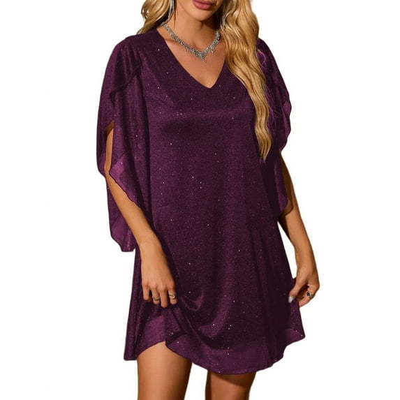 Women'S Sparkly Dress Bat Sleeves Cocktail Dress Glitter Club Dress Purple S