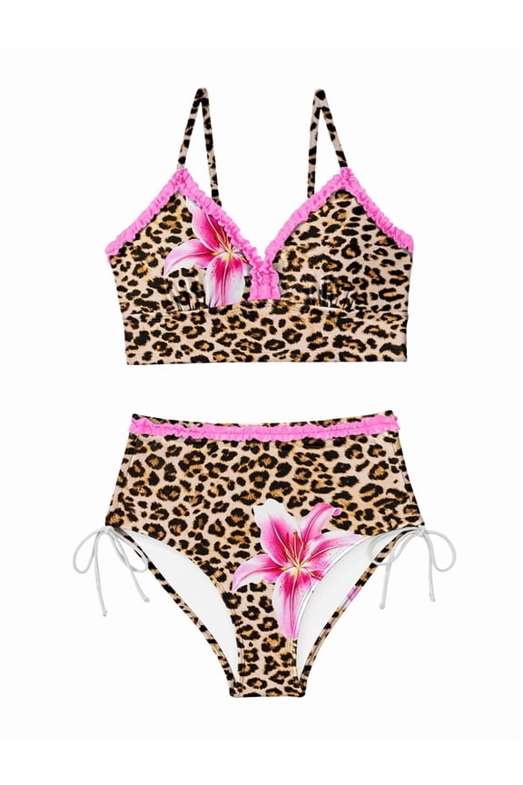 Women'S Splice Ruffle Trim Bikini Sets Tie Side Swimsuits High Waisted Bathing Suits Leopard Print L
