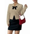 thumbnail image 1 of Women'S Spotted Long Sleeved V-Neck Pullover Sweater with Bow- Details, Casual and Elegant Outdoor Wear Khaki M, 1 of 9