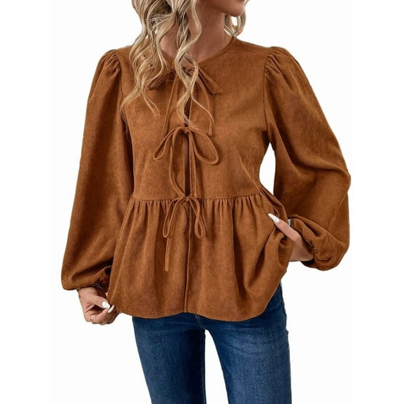 Women'S Spring Fall Babydoll Peplum Blouse Shirt Puff Long Sleeve Tie Front Trendy Cute Y2K Going Out Tops Khaki L