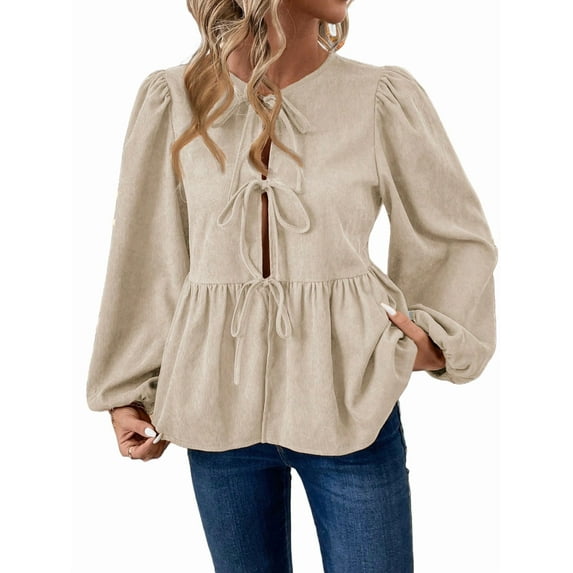 Women'S Spring Fall Babydoll Peplum Blouse Shirt Puff Long Sleeve Tie Front Trendy Cute Y2K Going Out Tops S