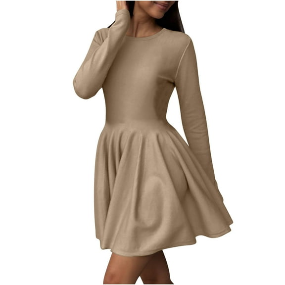 Women's Spring Fall Long Sleeved Round Neck Waist Cinched Knit Sweater Dress A Line Flowy Casual Elegant Going Out Short Dress