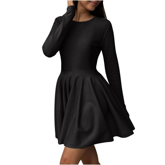 Women's Spring Fall Long Sleeved Round Neck Waist Cinched Knit Sweater Dress A Line Flowy Casual Elegant Going Out Short Dress