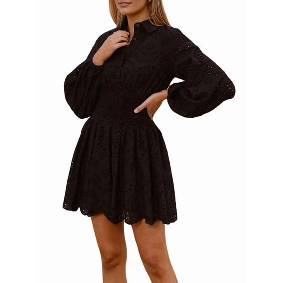 Women'S Spring Long Puff Sleeve Mini Dress Hollow Out Lace V Neck A Line Ruffle Casual Party Dresses Black L