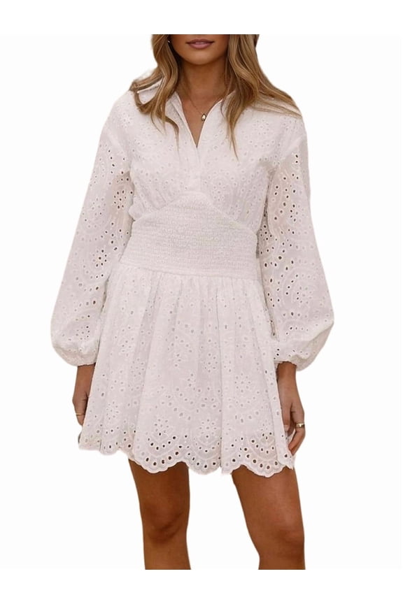 Women'S Spring Long Puff Sleeve Mini Dress Hollow Out Lace V Neck A Line Ruffle Casual Party Dresses White M