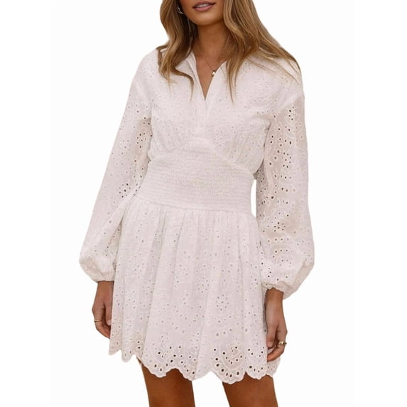 Women'S Spring Long Puff Sleeve Mini Dress Hollow Out Lace V Neck A Line Ruffle Casual Party Dresses White XL