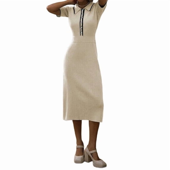 Women'S Spring Ribbed Maxi Dress Summer V Neck Button Short Sleeve Bodycon Knit Sweater Dresses LightApricot One Size