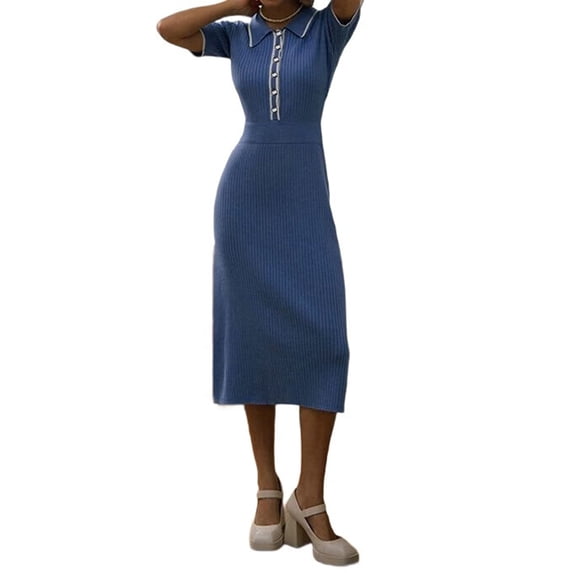 Women'S Spring Ribbed Maxi Dress Summer V Neck Button Short Sleeve Slim Fit Bodycon Knit Sweater Dresses Blue One size