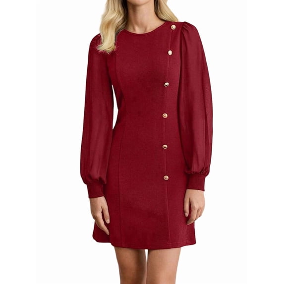 Women'S Spring Round Neck Button Detail Slim Fit Long Sleeve Solid Color Dress Midi Wine Red S