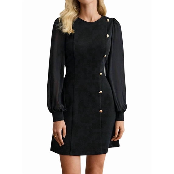 Women'S Spring Round Neck Button Detail Slim Fit Long Sleeve Solid Color Dress Midi