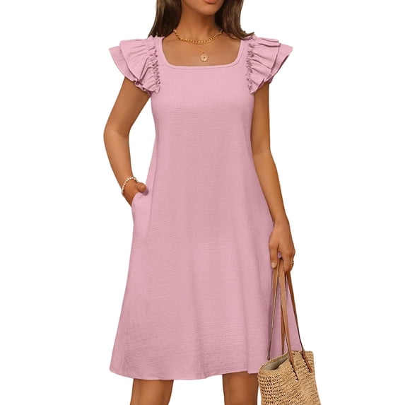 Women'S Spring Ruffle Sleeve Mini Dress Summer Square Neck Casual Cute Shift Sundress Pockets Pink L
