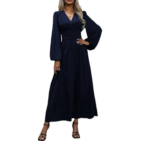 Women'S Spring Sleeve High Split Casual Loose V-Neck Waist A-Line Flowy Swing Maxi Length Dresses Navy Blue S
