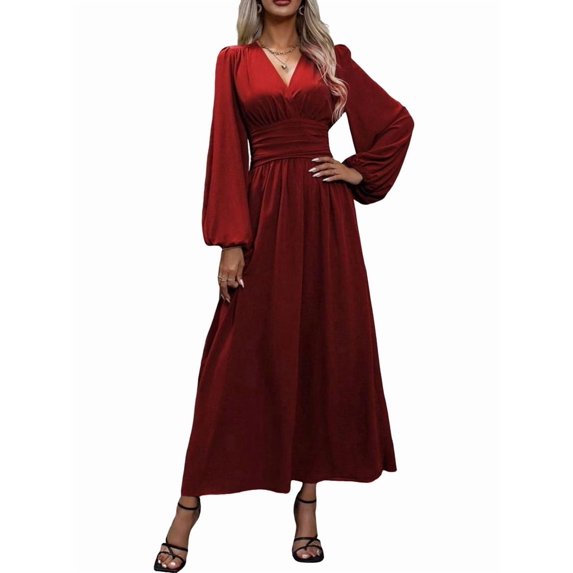 Women'S Spring Sleeve High Split Casual Loose V-Neck Waist A-Line Flowy Swing Maxi Length Dresses Wine Red M