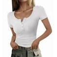 thumbnail image 1 of Women'S Spring Summer Short Sleeve Tops Ribbed Knit Henley Button Up Slim Fit Basic Casual T Shirts Blouse White M, 1 of 9