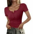 thumbnail image 1 of Women'S Spring Summer Short Sleeve Tops Ribbed Knit Henley Button Up Slim Fit Basic Casual T Shirts Blouse Wine Red XL, 1 of 9