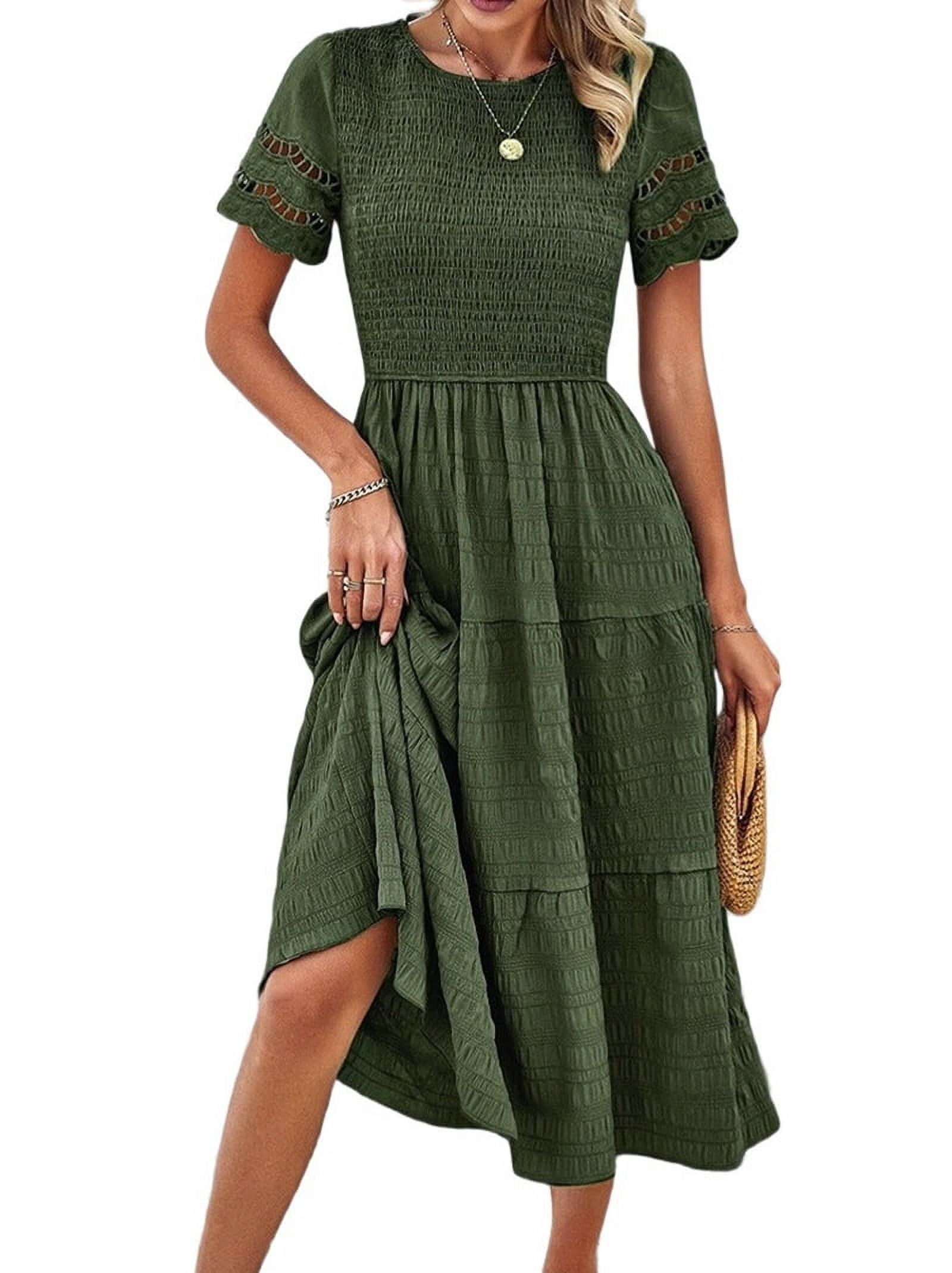 Coolmee Womens Summer Maxi Dress Hollow Out Short Sleeve Crew Neck Smocked Tiered Ruffle A Line Long Flowy Beach Dresses S Army Green Coolmee Womens Summer Maxi Dress Hollow Out Short Sleeve Crew Neck Smocked Tiered Ruffle A Line Long Flowy Beach Dresses S Army Green