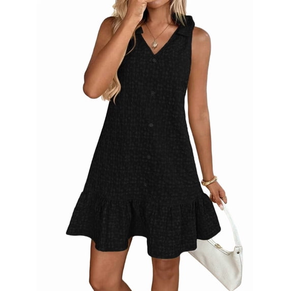Women'S Spring V Neck Sleeveless Jacquard Sundresses Button Decoration Flowy Summer Dresses for Women