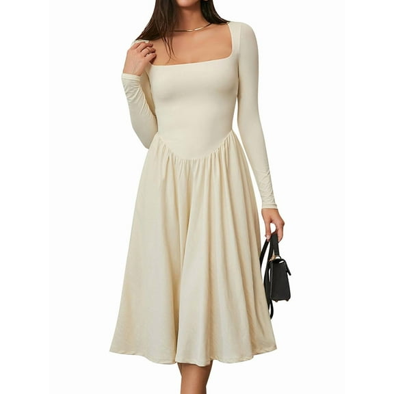 Women'S Spring and Autumn Fashion Square Neck Long Sleeve Casual A-Line Midi Dress Apricot S
