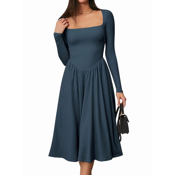 Women'S Spring and Autumn Fashion Square Neck Long Sleeve Casual A-Line Midi Dress Black XL